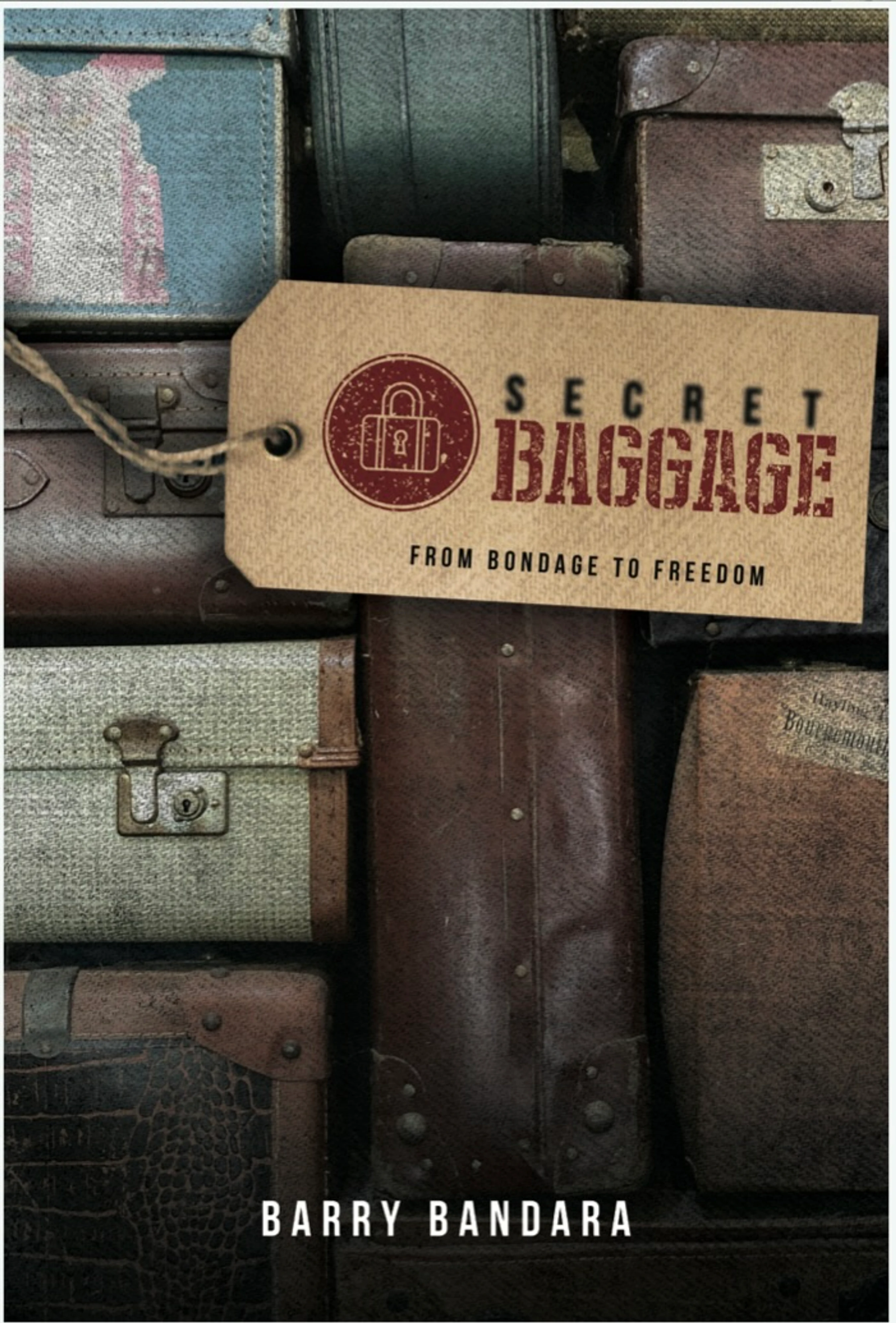 The book cover for "Secret Baggage" shows a stack of vintage suitcases with a large luggage tag that has the title and a padlock icon printed on it.