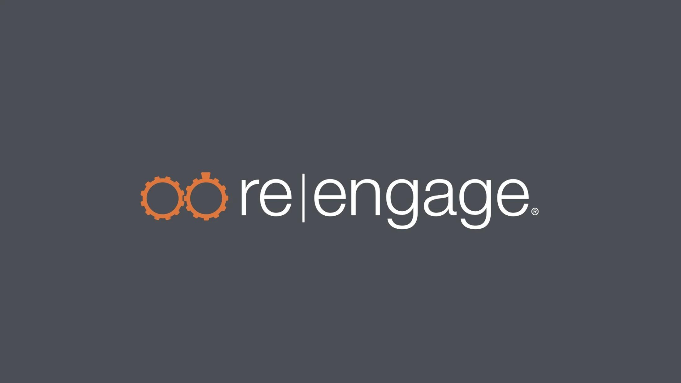 The logo for re|engage, featuring two orange interlocking gears followed by the company name in white lowercase letters on a dark gray background.