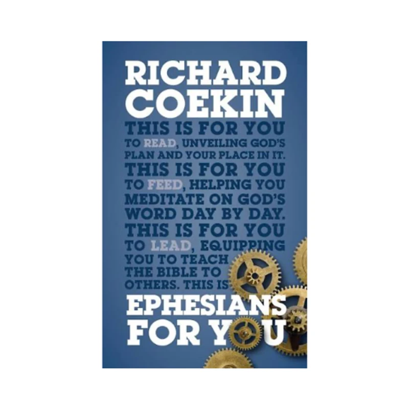 The book cover for 'Ephesians For You' by Richard Coekin. It has a blue background with bold white text and several golden gears on the bottom right.
