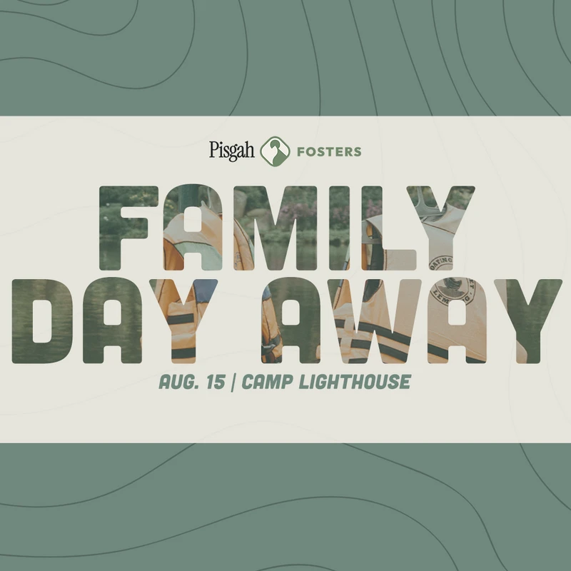 A graphic for a "Family Day Away" event hosted by Pisgah Fosters on August 15 at Camp Lighthouse. The text is filled with images of life jackets.
