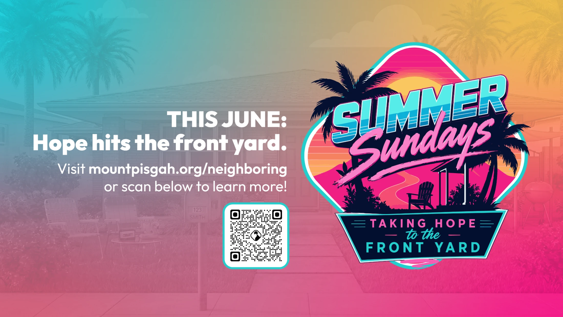 A colorful promotional graphic for a June event called Summer Sundays. A retro logo and event details are layered over a suburban house front yard.