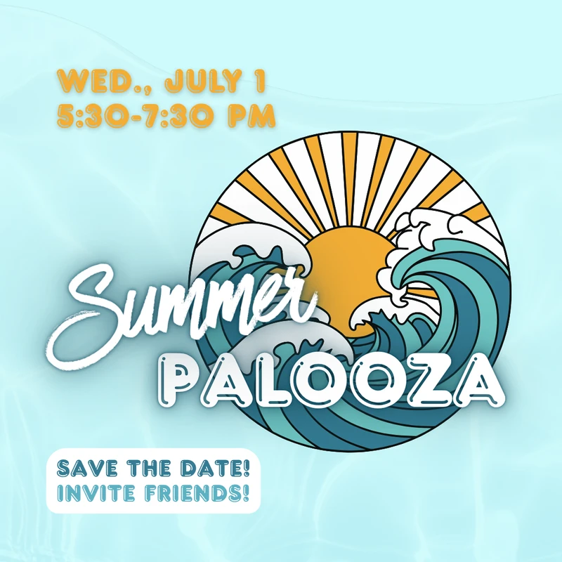 An event graphic for Summer Palooza on Wednesday, July 1. It features a circular logo with a sun and waves on a light blue, watery background.