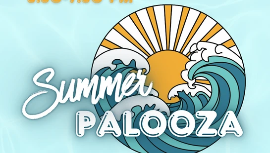 An event graphic for Summer Palooza on Wednesday, July 1. It features a circular logo with a sun and waves on a light blue, watery background.