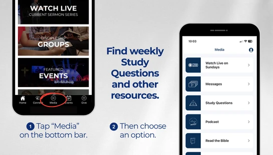 A graphic showing how to find study questions on a mobile app in two steps: first tap 'Media' on the bottom bar, then choose from the list of resources.