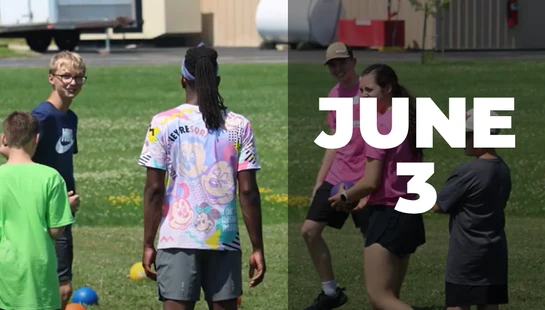 A composite image of young people playing games on a grassy field, with a large white text overlay that reads 'JUNE 3'.