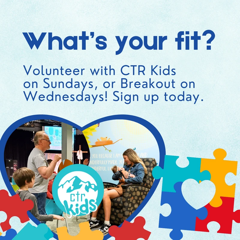 A promotional graphic for CTR Kids volunteers with a heart-shaped photo of adults caring for children and babies, surrounded by colorful puzzle pieces.