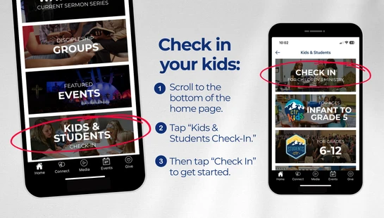 Two smartphones displaying a church app with a 3-step guide on how to check in kids. Red circles highlight the buttons to tap for check-in.