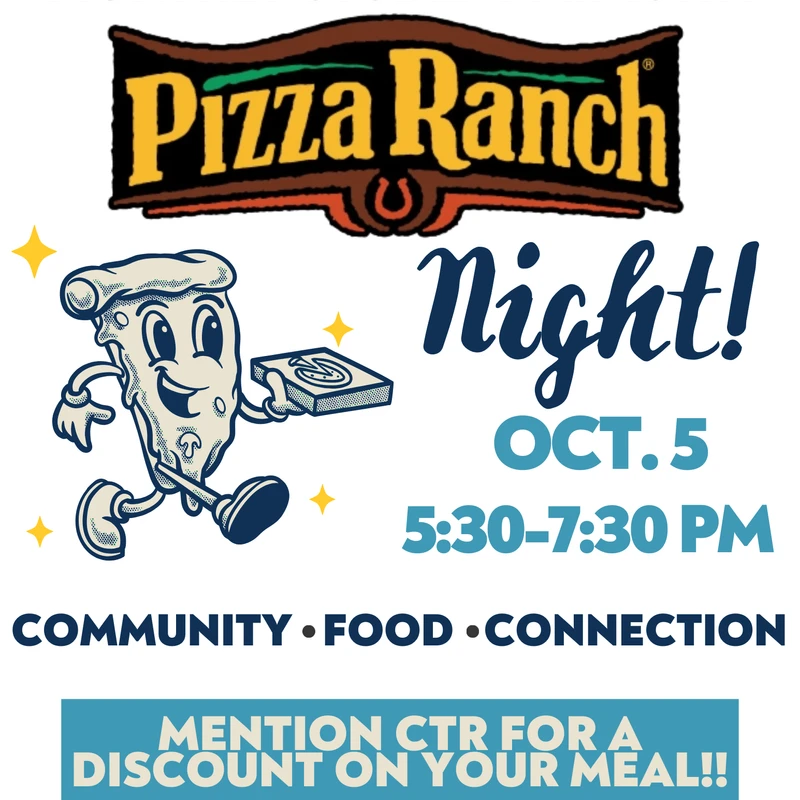 A flyer for a Monthly Student Ministry Pizza Ranch Night on October 5th from 5:30 to 7:30 PM. It features a cartoon pizza slice and a discount offer.