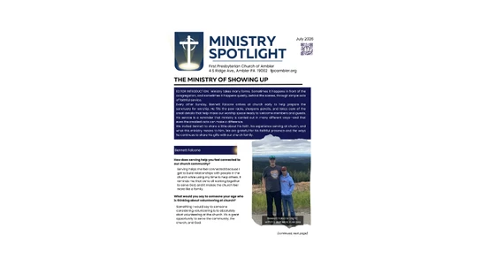 A church newsletter page titled "Ministry Spotlight" from July 2020, featuring an article on volunteering and a photo of two people outdoors.