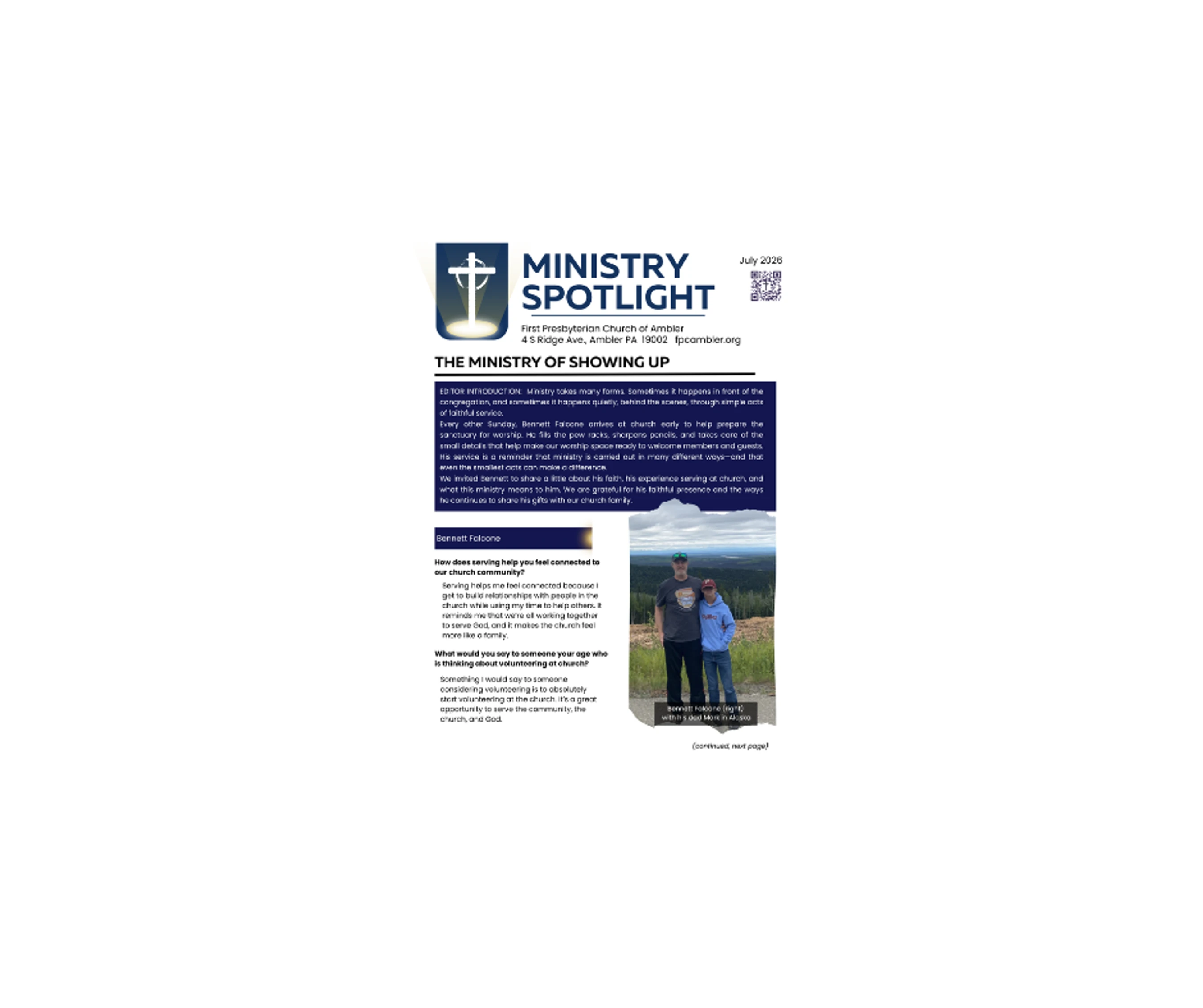 A church newsletter page titled "Ministry Spotlight" from July 2020, featuring an article on volunteering and a photo of two people outdoors.