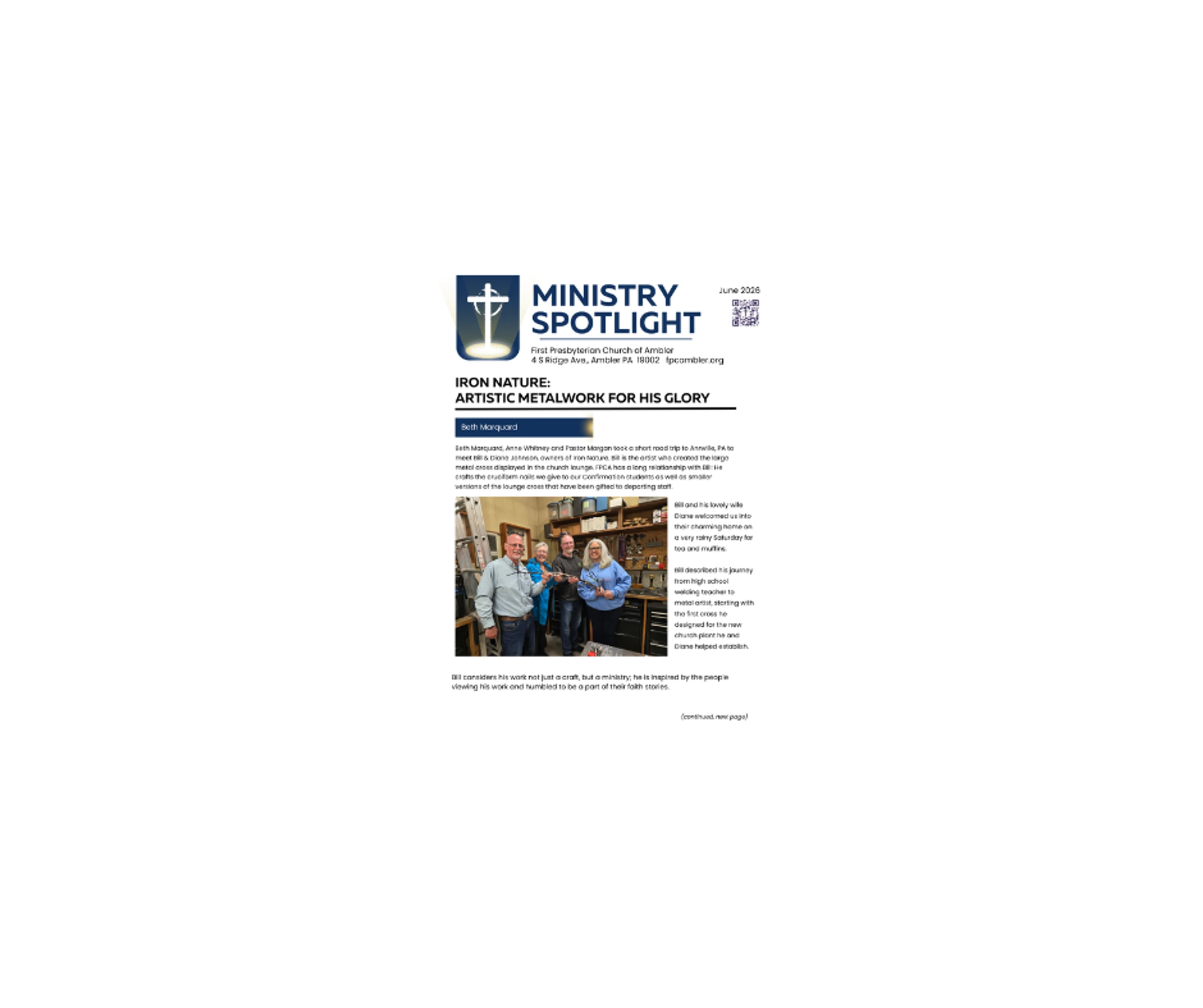 A page from a church newsletter titled "Ministry Spotlight," featuring an article on artistic metalwork and a photo of five people in a workshop.