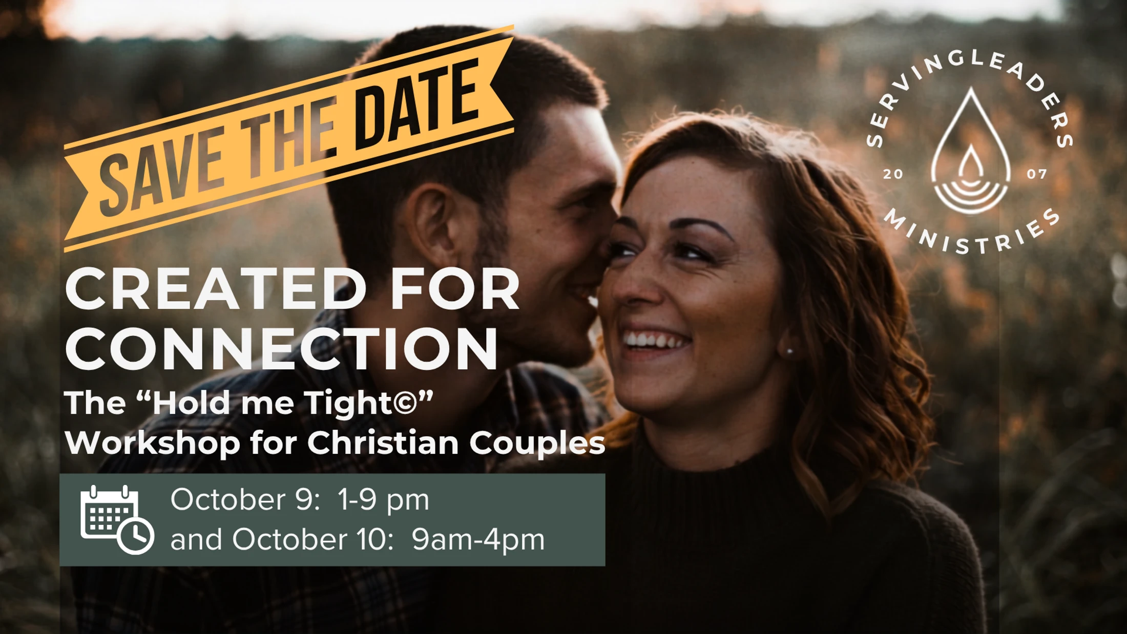 A man whispers to a smiling woman. Text overlay advertises a Christian couples workshop titled 'Created for Connection' on October 9-10.