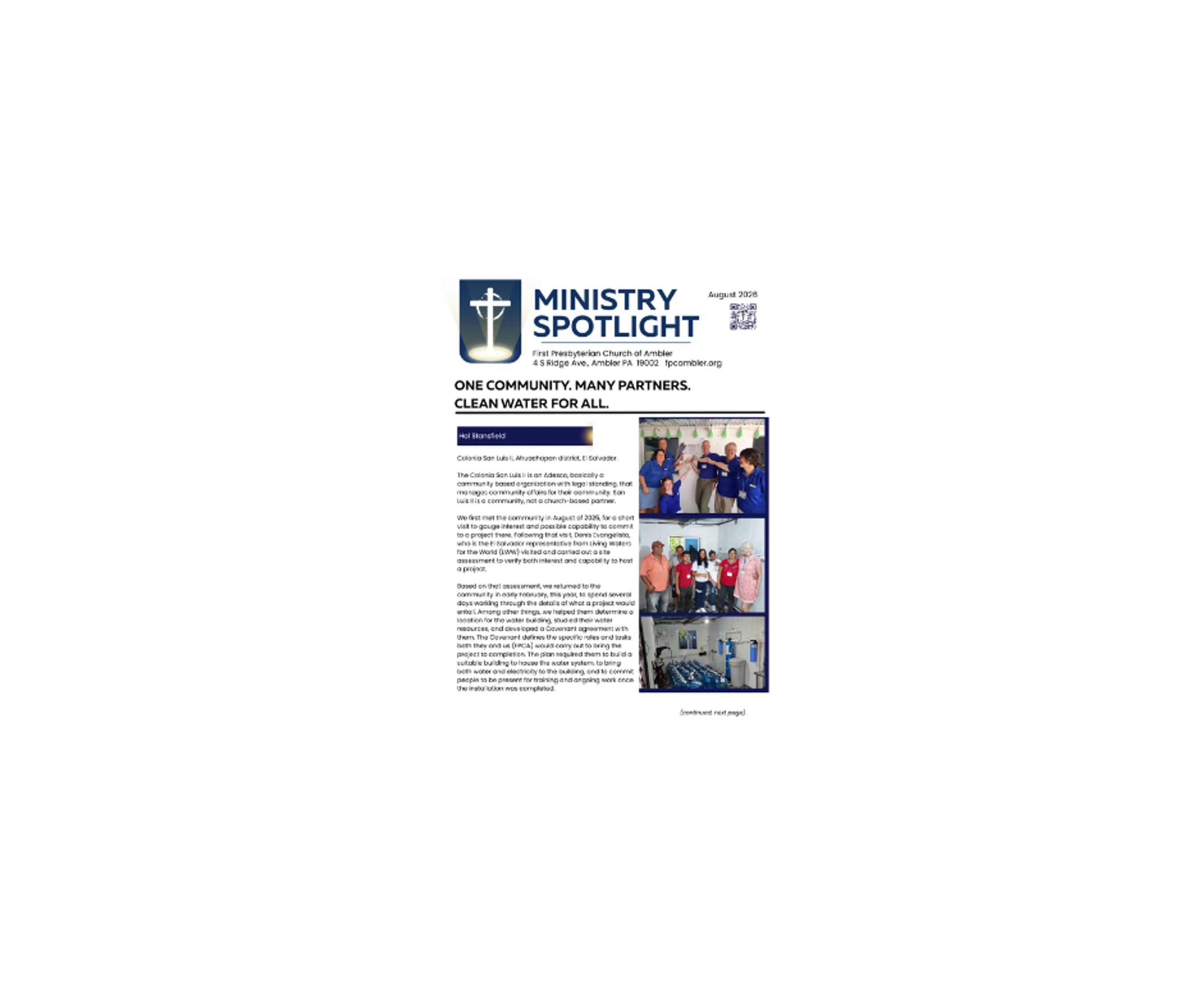 A church newsletter page titled "Ministry Spotlight" detailing a project to bring clean water to a community, with photos of people and equipment.