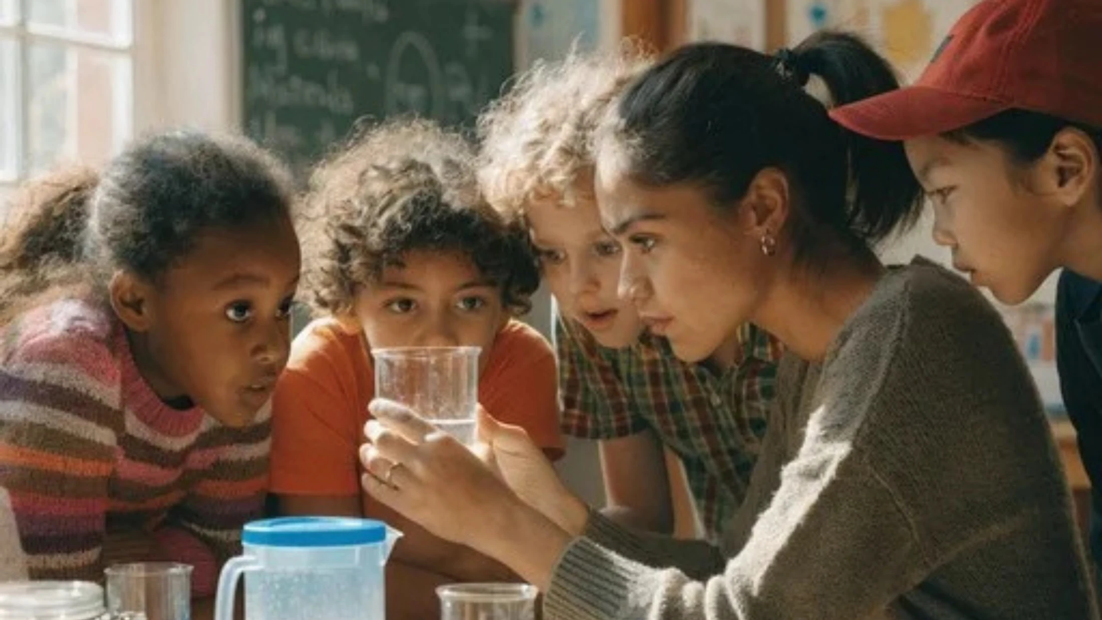 A female teacher and four diverse young students are gathered closely, looking with curiosity at a beaker of liquid she is holding in a classroom setting.