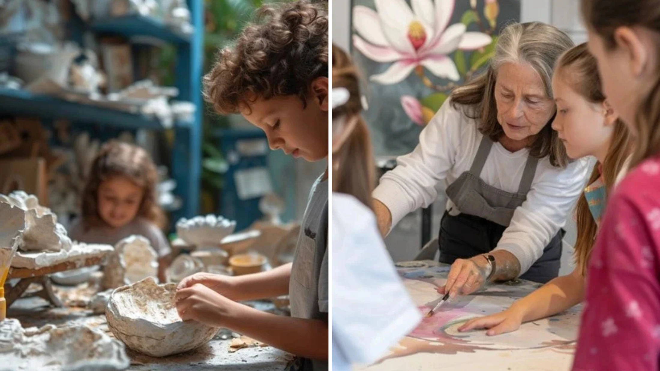 A split image shows a boy making a clay bowl on the left, and an older woman teaching two girls to paint on the right, both in an art class setting.