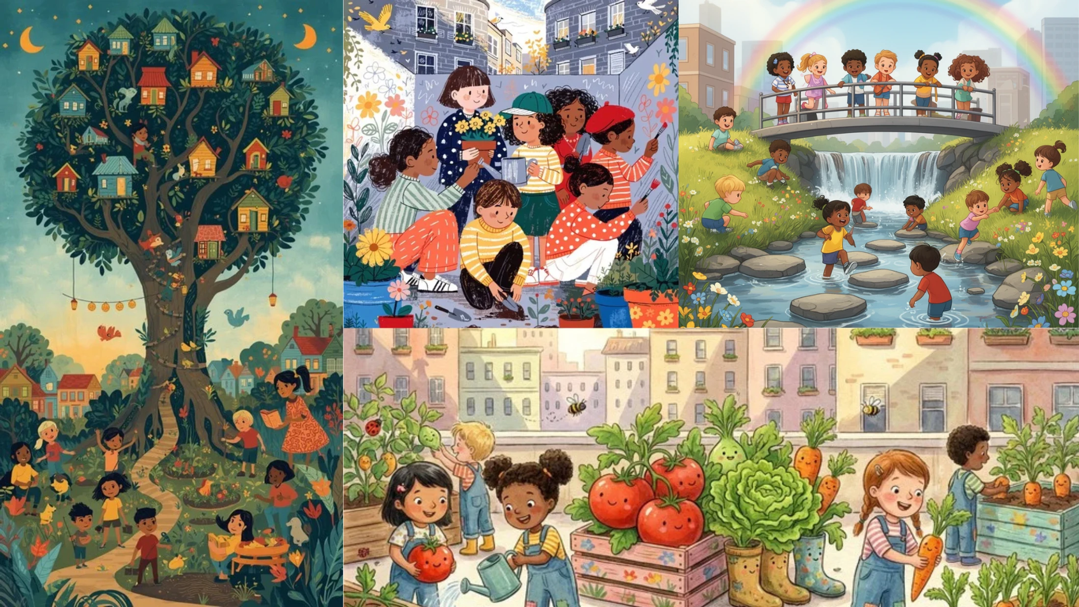 A collage of four colorful illustrations showing diverse children playing together, gardening, painting, and enjoying nature in whimsical community settings.