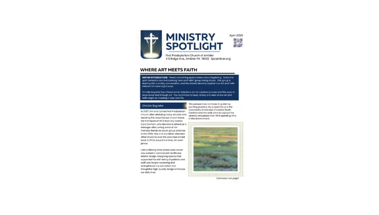 A page from a church publication titled 'Ministry Spotlight.' It features an article about an artist and a photo of her soft-focus landscape painting.