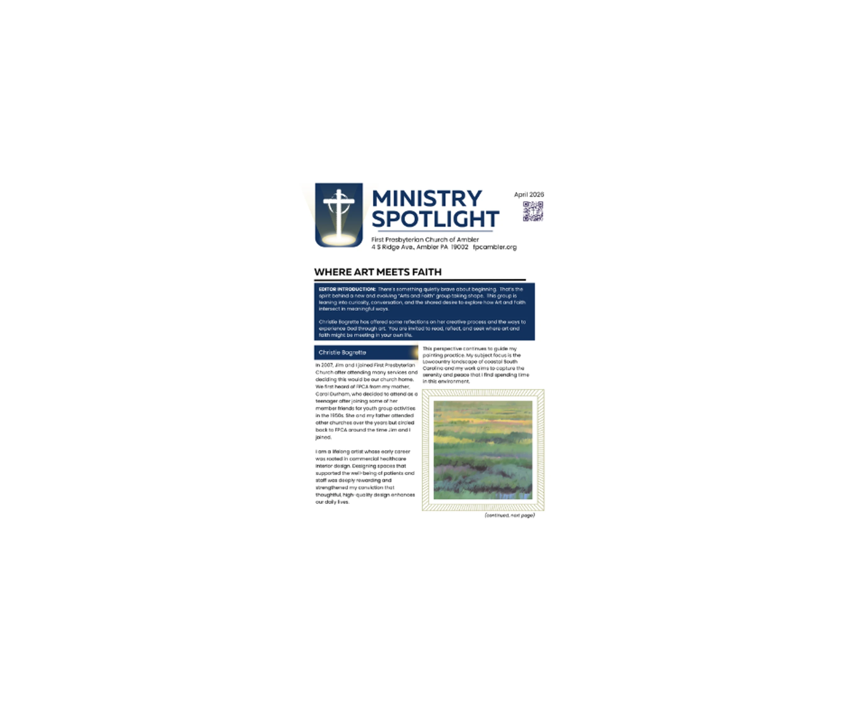 A page from a church publication titled 'Ministry Spotlight.' It features an article about an artist and a photo of her soft-focus landscape painting.