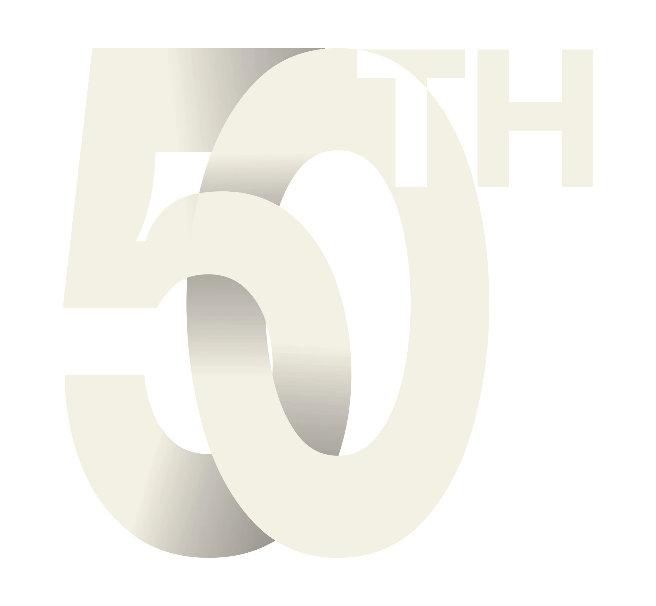 A modern graphic of '50th' in a large, off-white font. The numbers overlap with a subtle gradient, creating a three-dimensional, ribbon-like effect.