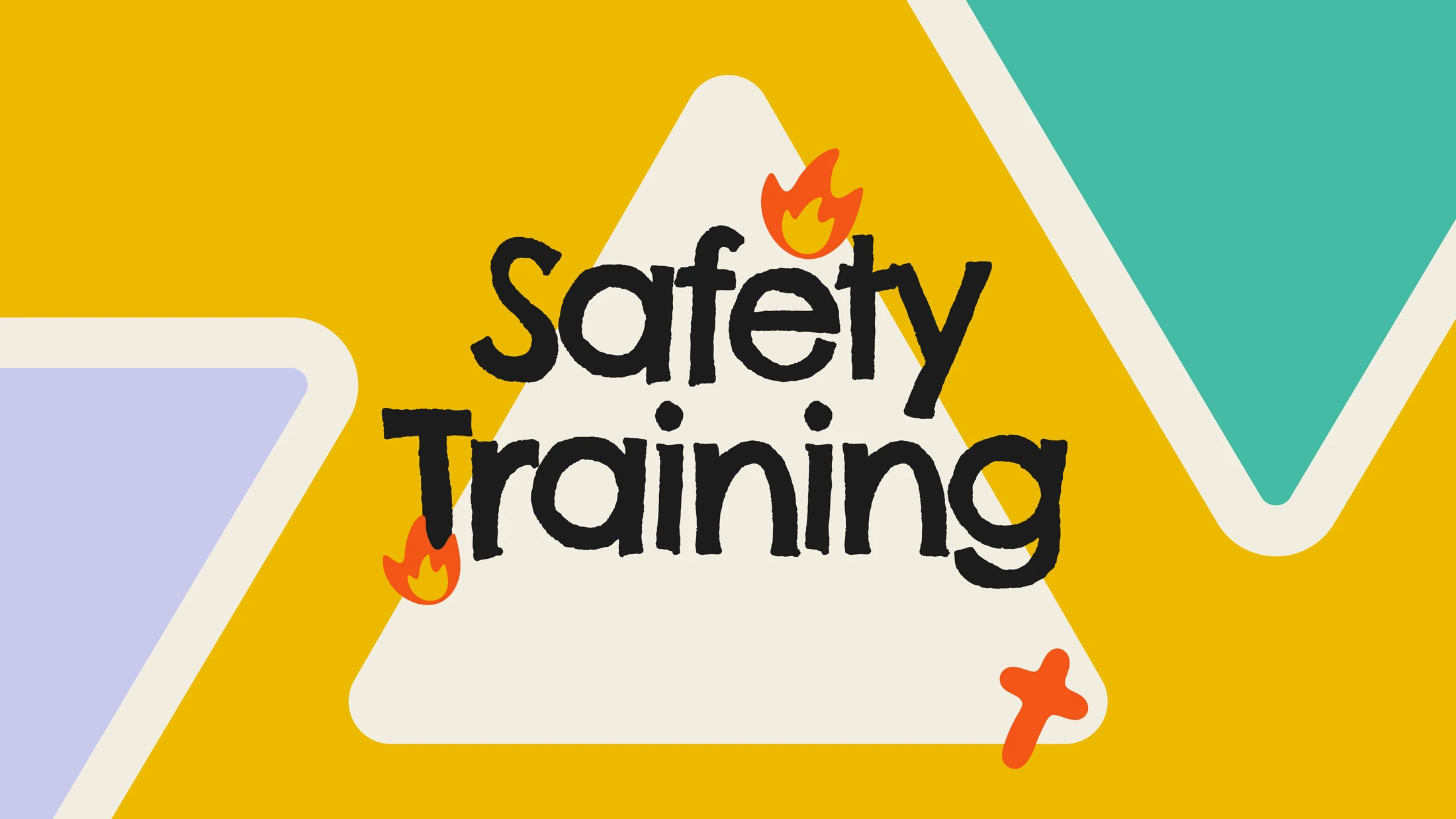 A colorful graphic with the words 'Safety Training' in black, hand-drawn font inside a triangle. The background has yellow, teal, and purple abstract shapes.