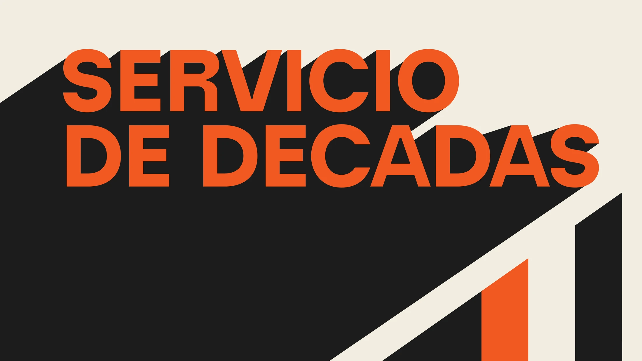Graphic design with the Spanish words 'Servicio de Décadas' in bold orange text. The text has a long, black drop shadow against an off-white background.
