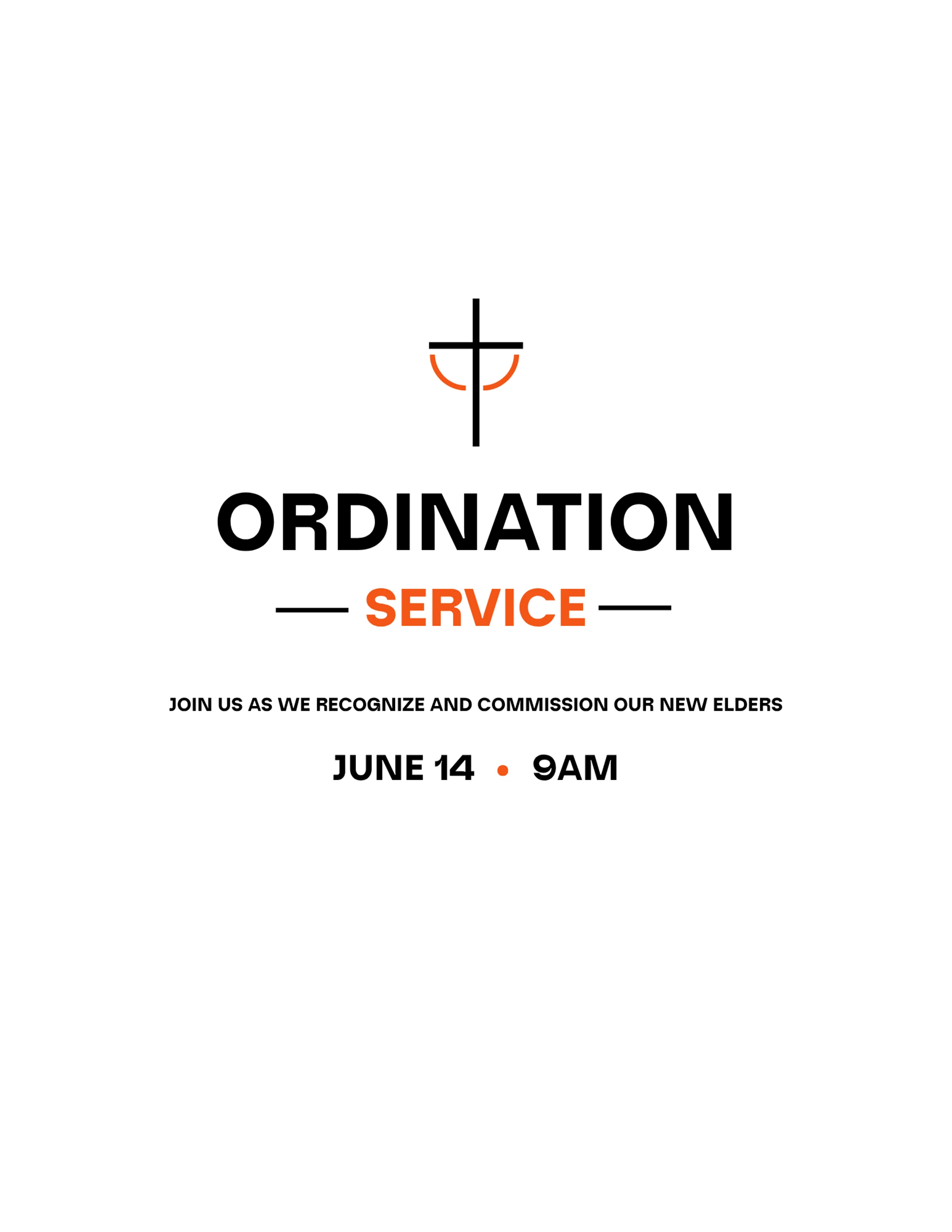 A white graphic with a stylized cross announces an Ordination Service to commission new elders on June 14 at 9am. The text is black and orange.