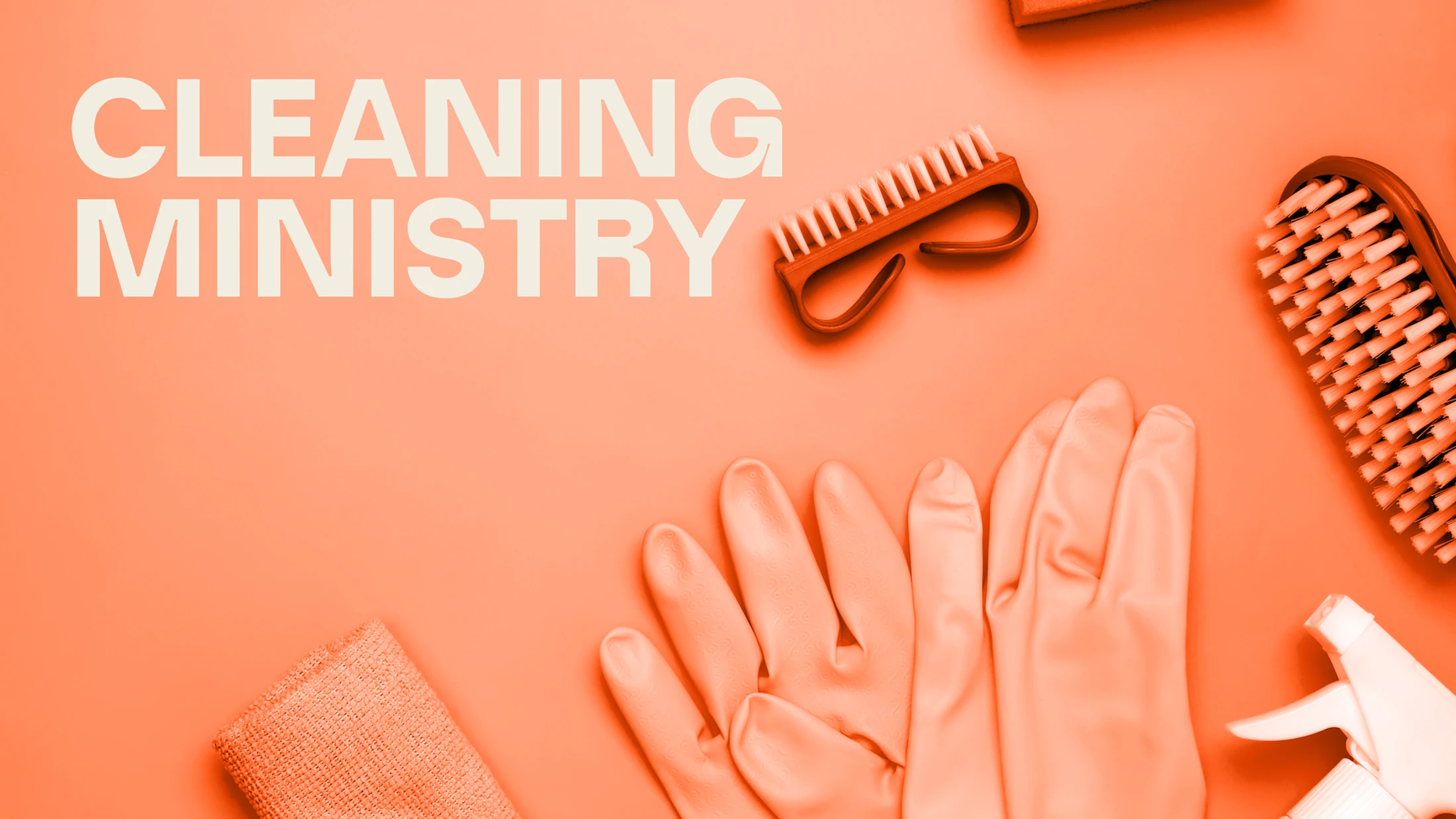 The words 'Cleaning Ministry' on an orange background, surrounded by cleaning supplies like rubber gloves, scrub brushes, and a spray bottle.
