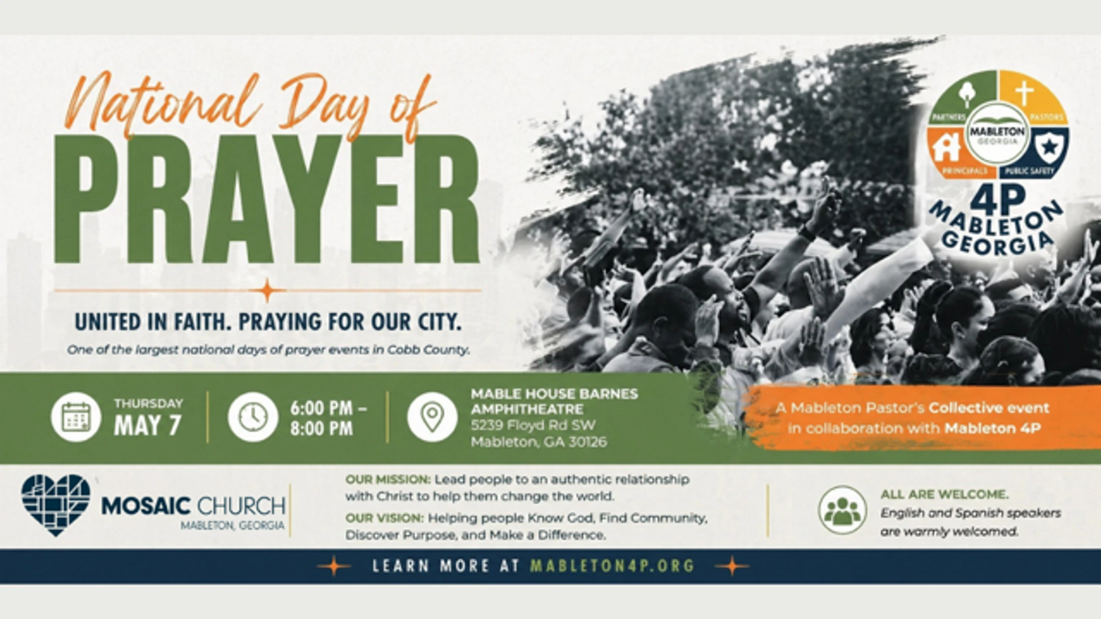 A promotional graphic for the National Day of Prayer in Mableton, Georgia on Thursday, May 7, featuring a black and white photo of a crowd with raised hands.