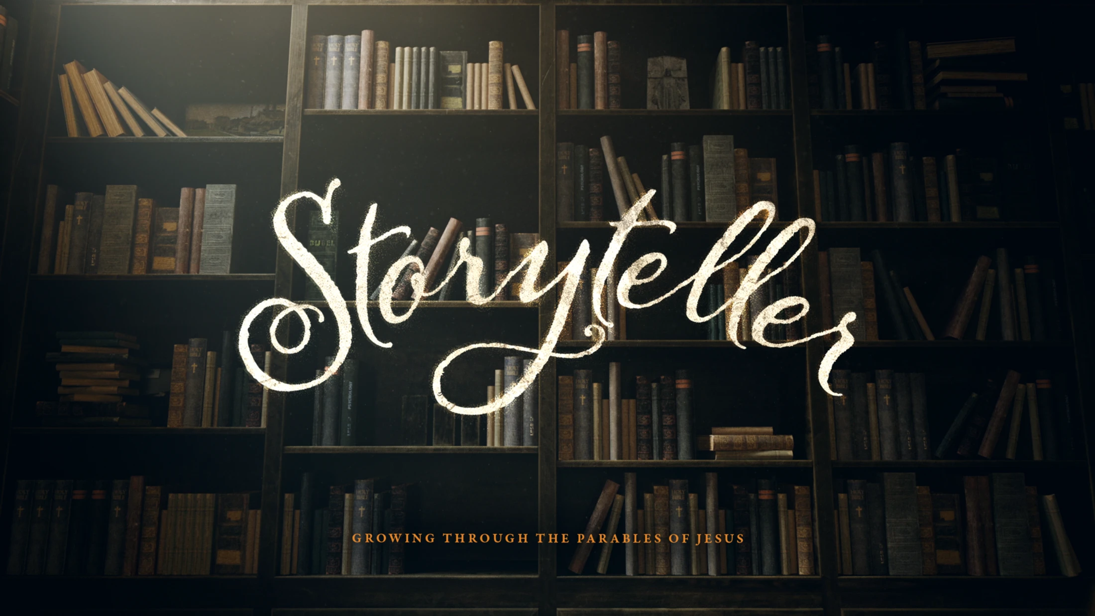 The word 'Storyteller' in glowing script over a dark bookshelf filled with old books. Below, text reads 'Growing through the parables of Jesus.'