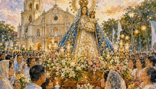 A watercolor painting of a religious procession. A crowd of devotees carries an ornate statue of the Virgin Mary and Child in front of a large church at dusk.