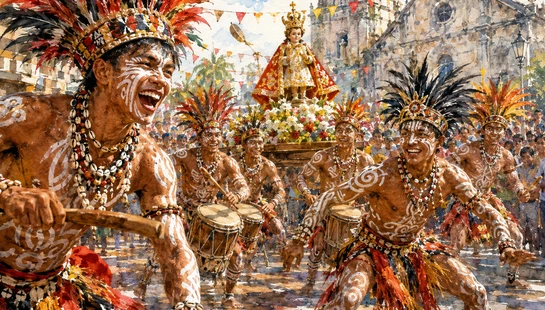 A watercolor painting of a lively Filipino street festival. Men in feathered headdresses and body paint dance and play drums in a parade in front of a church.