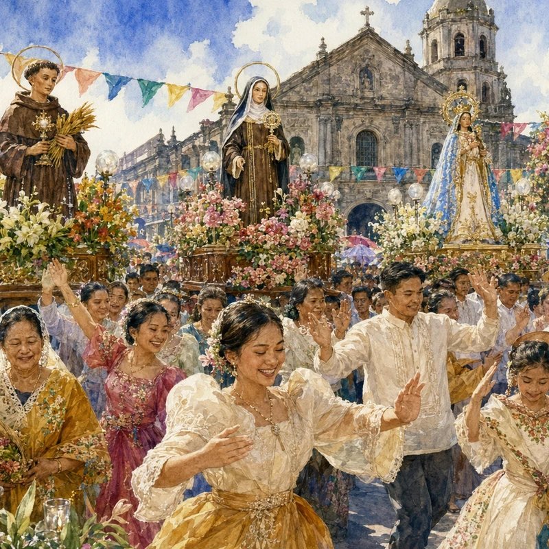 A watercolor painting of a joyous Filipino festival with people in traditional dress dancing in a procession carrying large statues of saints past a church.