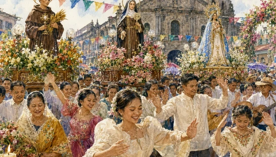 A watercolor painting of a joyous Filipino festival with people in traditional dress dancing in a procession carrying large statues of saints past a church.