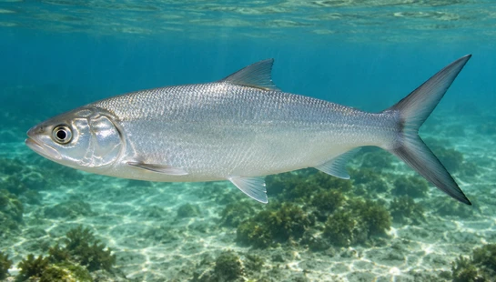 A side profile of a large, silver bonefish swimming from left to right in clear, shallow turquoise water over a sandy and rocky seabed.