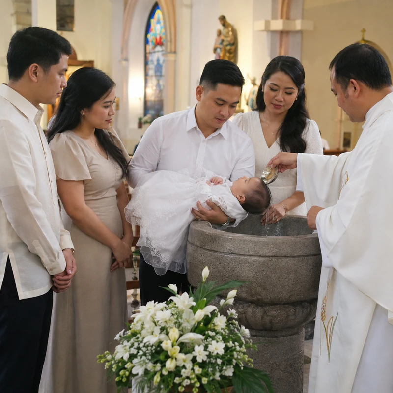A priest pours holy water over a baby's head during a baptism ceremony in a church, as the parents and godparents look on lovingly by the stone font.