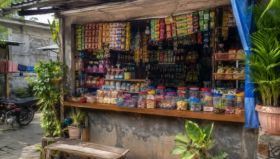 A small, open-front roadside shop in a village, packed with colorful snacks, bread, and jars of candy. A wooden bench sits in front of the concrete stall.