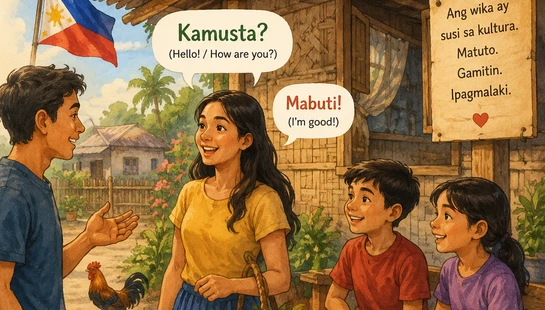 An illustration of Filipino people in a rural village greeting each other in Tagalog, with a Filipino flag and a sign about language pride in the background.