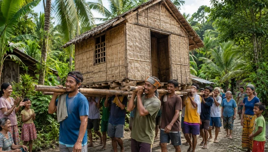 A large group of smiling villagers in the Philippines carry a bamboo house on their shoulders, demonstrating the community spirit of Bayanihan.
