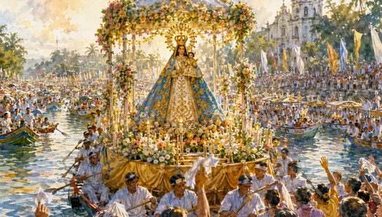 A vibrant watercolor painting of a religious river festival. A large, ornate float with a statue of the Virgin Mary is surrounded by boats of devotees.