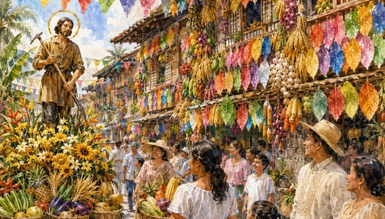 A colorful watercolor painting of a joyful harvest festival in the Philippines, featuring a parade float and buildings decorated with fruits and vegetables.