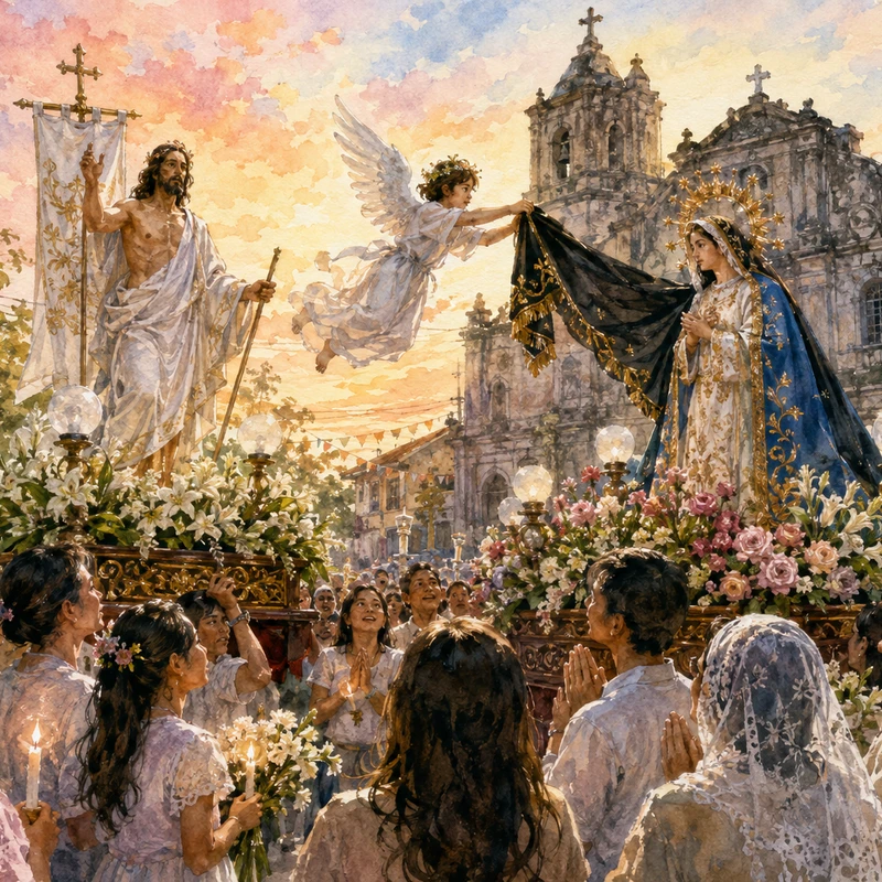 A vibrant watercolor painting of the Salubong, an Easter procession. An angel removes the Virgin Mary's mourning veil as she meets the Risen Christ.