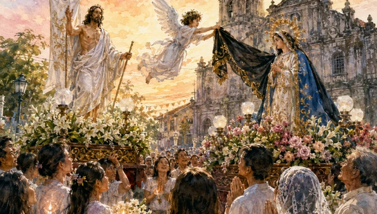 A vibrant watercolor painting of the Salubong, an Easter procession. An angel removes the Virgin Mary's mourning veil as she meets the Risen Christ.