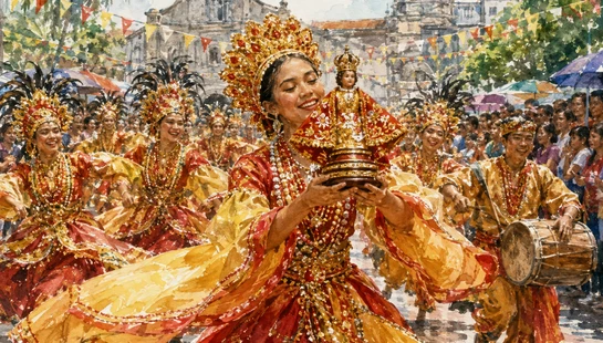 A watercolor painting of a joyous Philippine festival. A woman in a red and gold costume smiles while holding a Santo Niño statue, surrounded by other dancers.