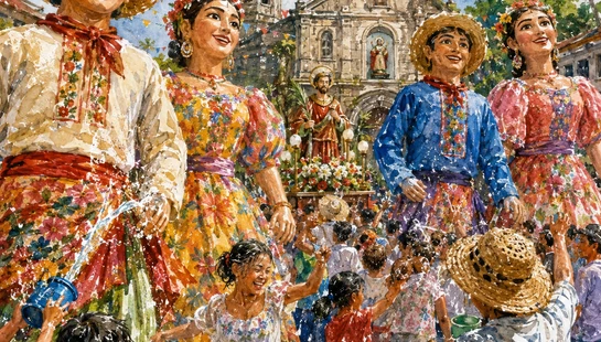 A colorful watercolor painting of a street festival with giant papier-mâché figures where joyful children splash water in front of a historic church.