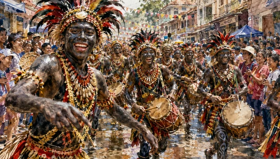 A watercolor painting of a vibrant street parade with smiling performers in black body paint and elaborate feathered headdresses dancing while playing drums.