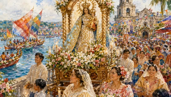 A colorful watercolor painting of a seaside festival in the Philippines. A large statue of the Virgin Mary is carried in a procession past crowds and boats.