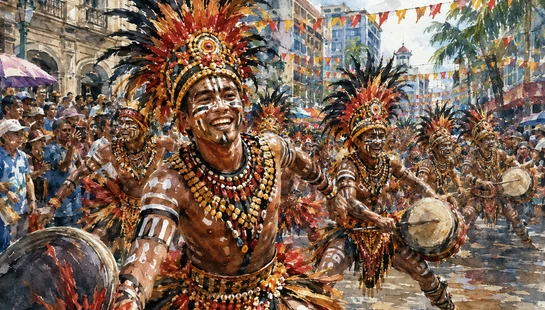 A watercolor painting of men in elaborate feathered headdresses and body paint, joyfully dancing and drumming during a vibrant street parade.
