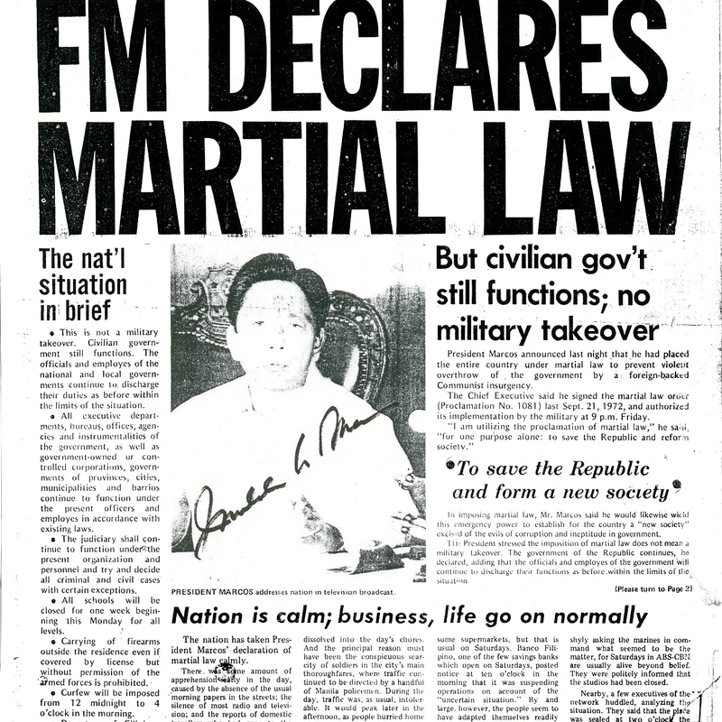 Front page of the Philippines Sunday Express from Sept 24, 1972. The headline reads 'FM DECLARES MARTIAL LAW' over a photo of President Ferdinand Marcos.
