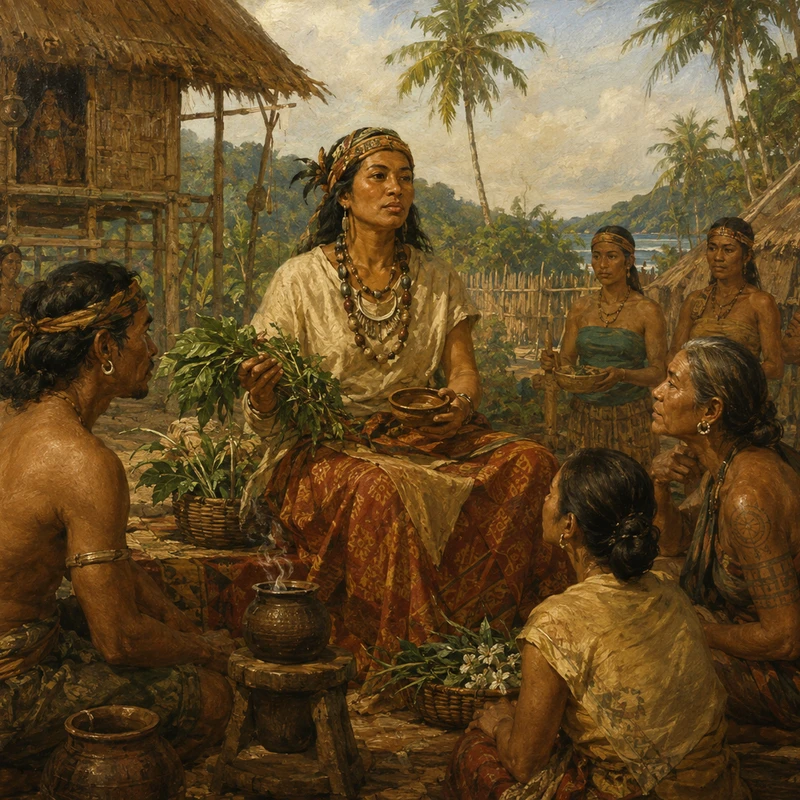 Painting of a pre-colonial Filipino priestess, or babaylan, holding medicinal herbs while leading a community ritual in a tropical village with thatched huts.
