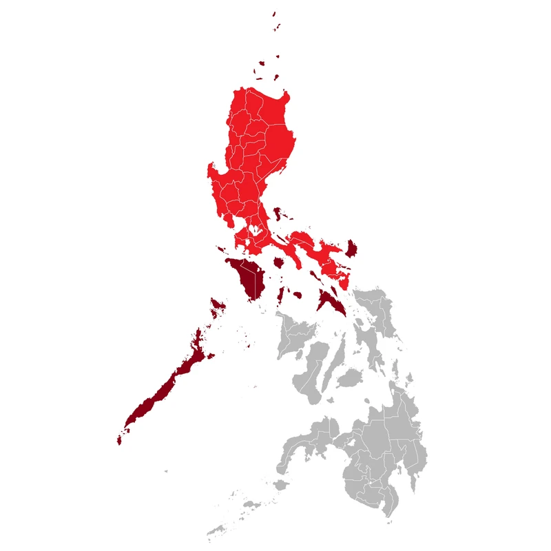 A political map of the Philippines with the island groups of Luzon and Visayas highlighted in red, while the Mindanao island group is shown in gray.